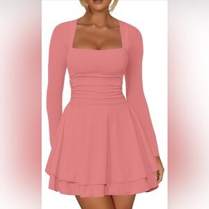 NEW Square Neck Ruffle Hem Ruched Waist Long Sleeve Mini Dress L 12/14